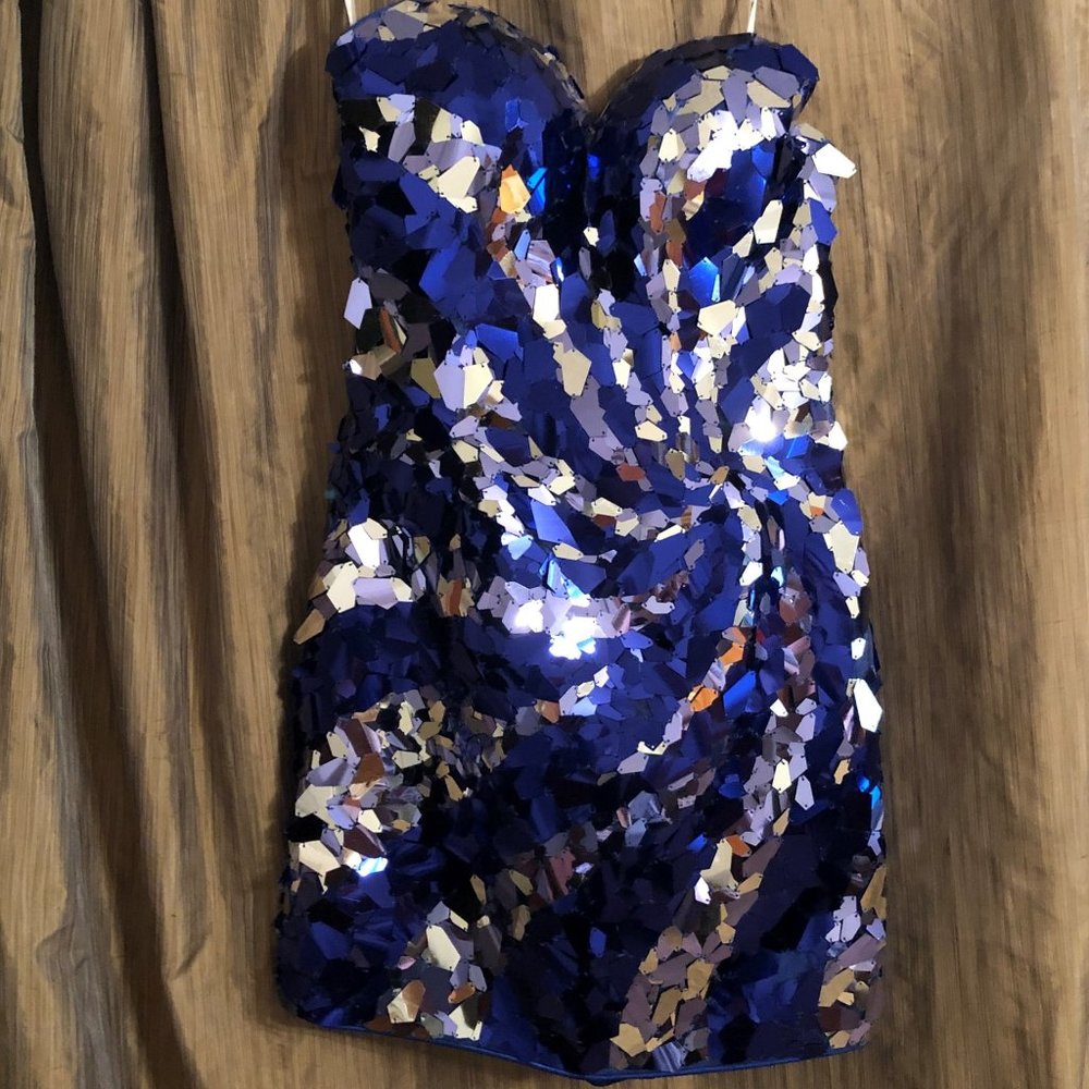 Blue & Silver Strapless Sequins Party Dress (Mini)